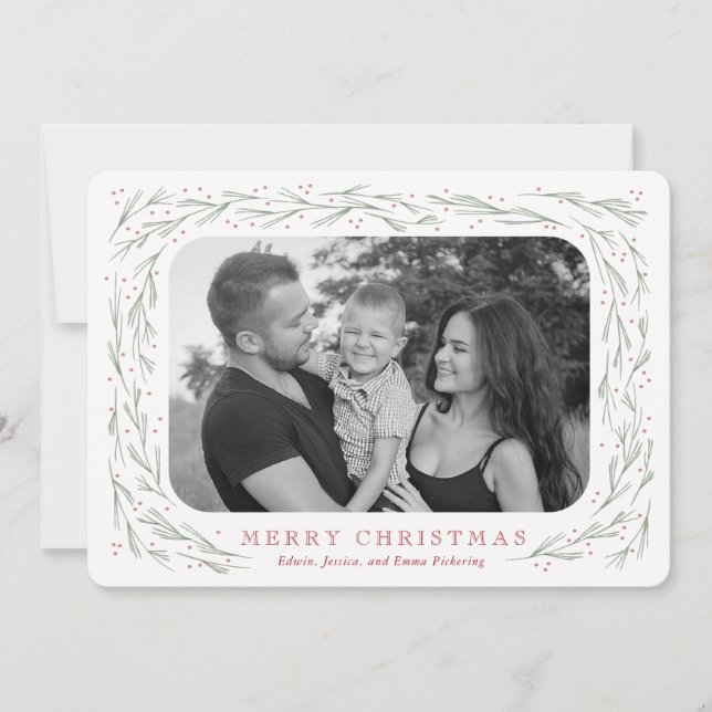 Carte photo de Noël de la bordure de pin d'aquarel (Devant)