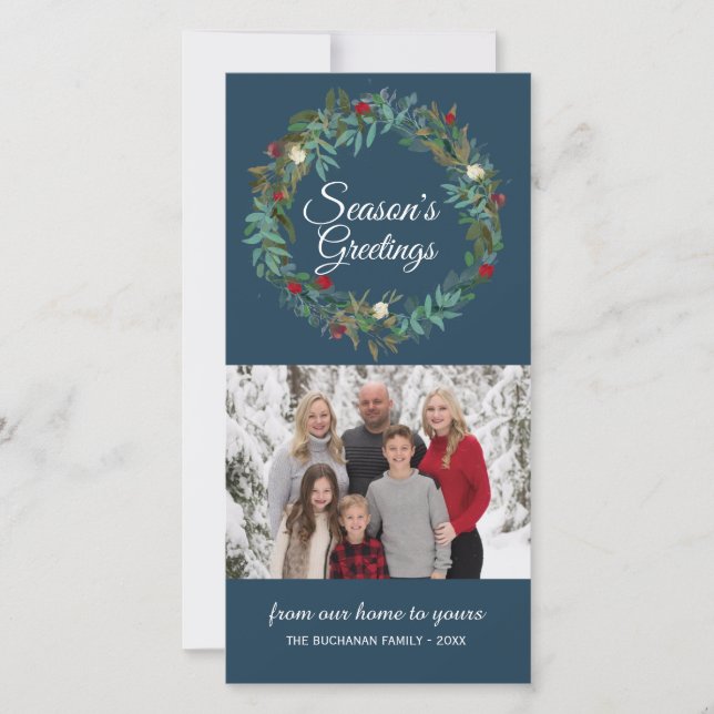 Carte photo de Noël de la couronne bleue d'hiver (Devant)