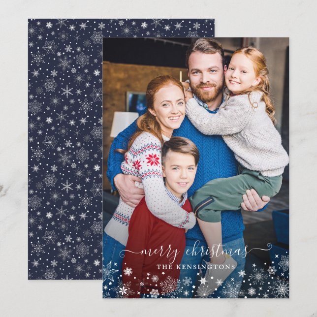Carte Photo de Noël de la Marine Blue Winter Snowflics (Devant / Derrière)