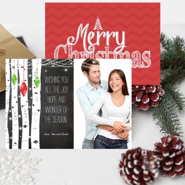 Carte photo de Noël de l'ornement de bouleaux roug (Créateur téléchargé)