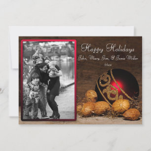 Carte photo de Noël de l'ornement rouge et des noi