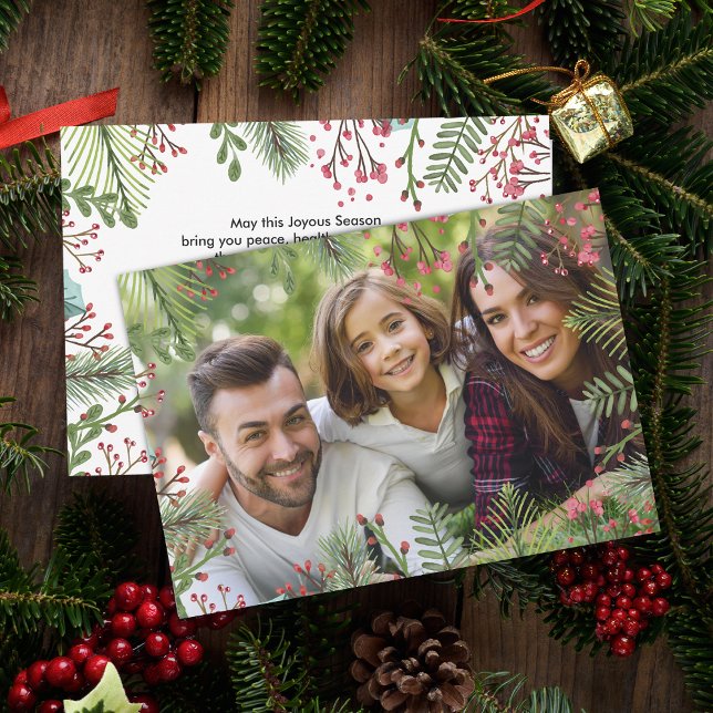 Carte photo de Noël de vacances (Winter Foliage Greenery Photo Holiday Card)