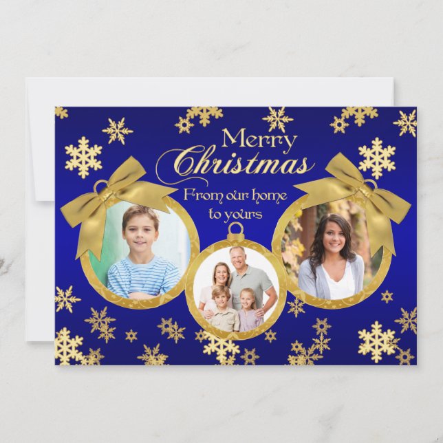 Carte photo de Noël des ornements bleu et or (Devant)