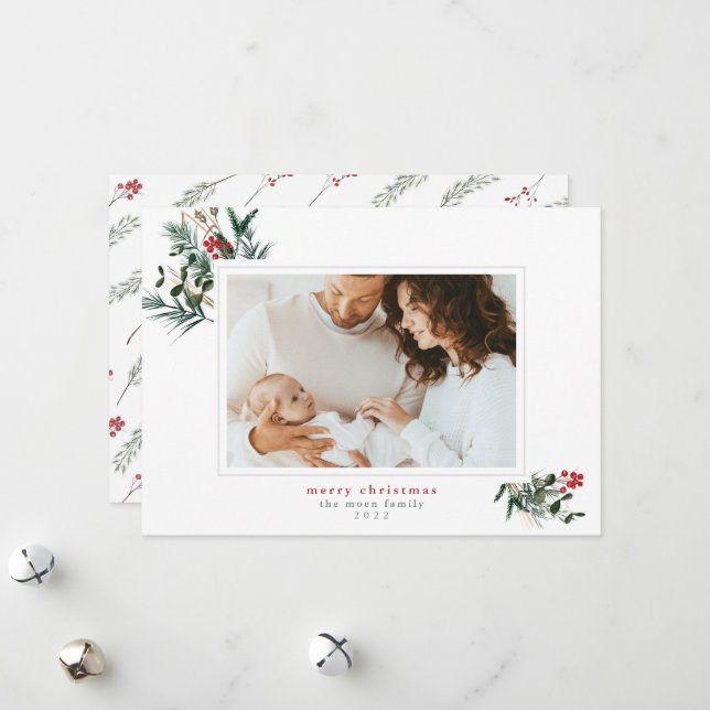 Carte photo de Noël du cadre de feuillage d'hiver (Devant/Arrière en situation)
