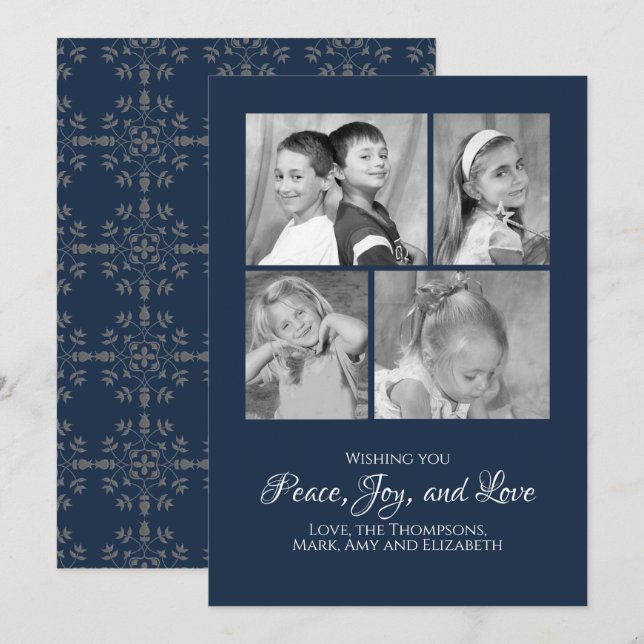 Carte photo de Noël Elegant bleu marine Multiphoto (Devant / Derrière)