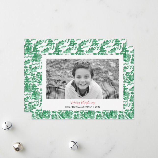 Carte photo de Noël Green Chinoiserie (Devant/Arrière en situation)