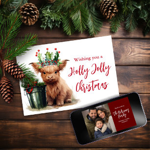 Carte photo de Noël Holly Jolly de Highland Cow