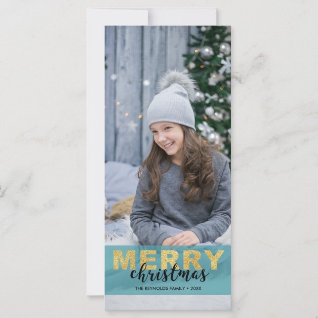 Carte Photo de Noël Joyeux Bleu Or Moderne - Rackcard (Devant)