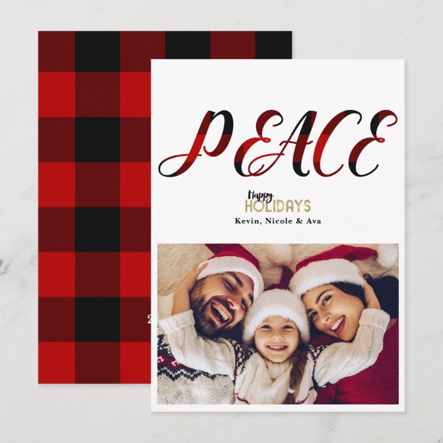 CARTE PHOTO de Noël PAIX Red Plaid (Devant / Derrière)