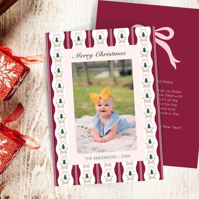 Carte photo de Noël personnalisée Burgundy Stripes (Créateur téléchargé)