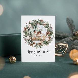 Carte Photo de Noël & Pine Green Wreath  Joyeux jour fér