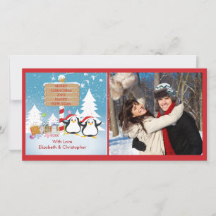 Carte photo de Noël Pingouin Famille De 2 Fêtes