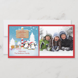 Carte photo de Noël Pingouin Famille De 5 Vacances