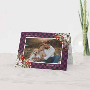 Carte Photo de Noël Poinsettia Baies de houx pourpre