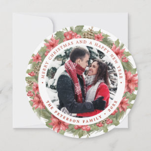 Carte photo de Noël Poinsettia Wreath Round