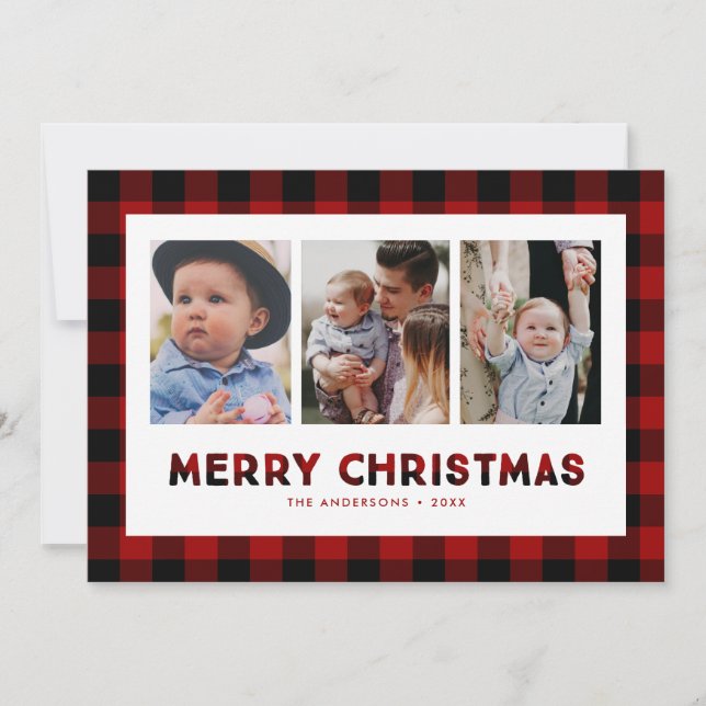 Carte photo de Noël Red Buffalo Plaid Triptyque (Devant)