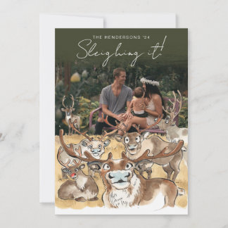 Carte photo de Noël Renne de Noël Vert forêt