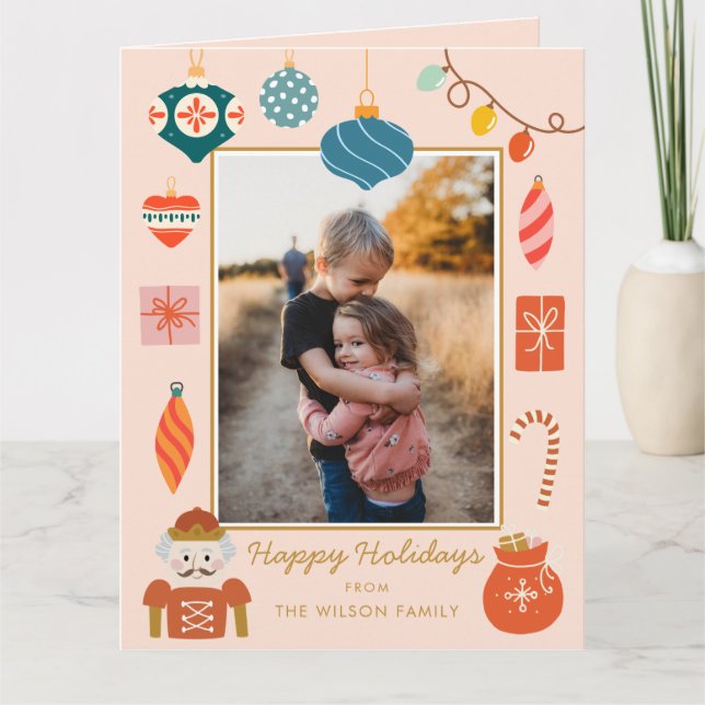 Carte photo de Noël rose | Ornement de Noël (Devant)