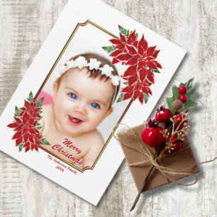 Carte photo de Noël Rouge Poinsettie Bordure blanc