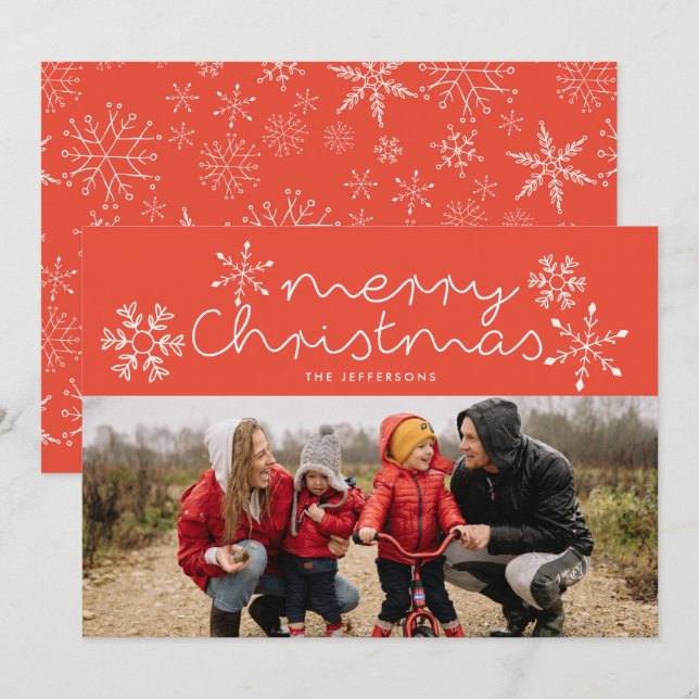 Carte photo de Noël rouge Whimsical Snowflakes (Devant / Derrière)