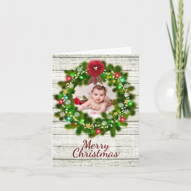 Carte photo de Noël rustique à grains de bois et à (Devant)