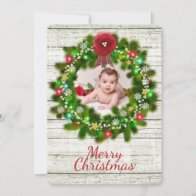 Carte photo de Noël rustique à grains de bois et à (Devant)