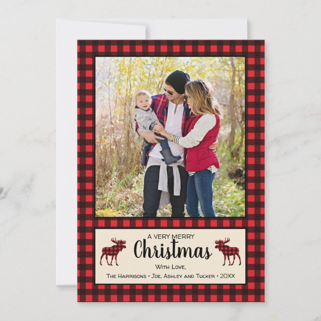 Carte photo de Noël Rustique Buffalo Plaid & Moose (Devant)