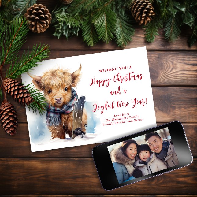 Carte photo de Noël Snowboard Highland Cow (Créateur téléchargé)