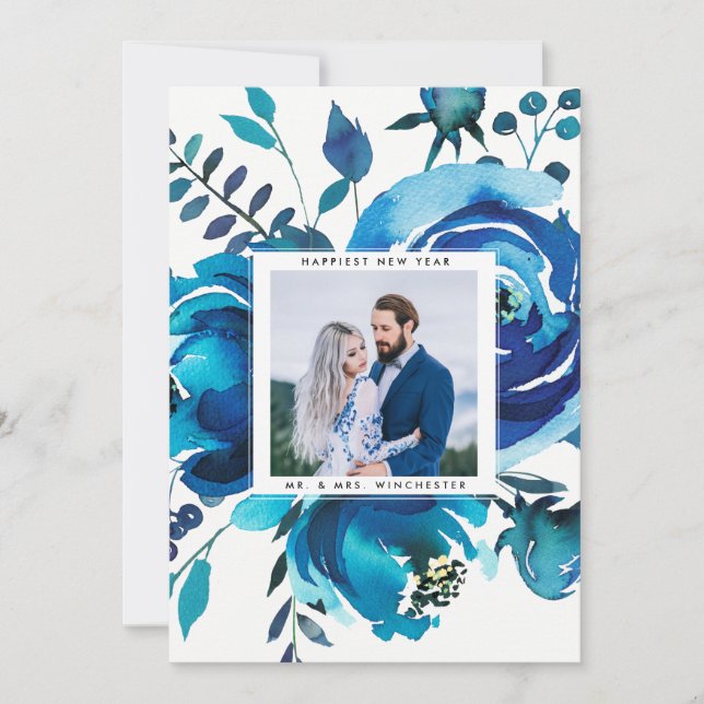 CARTE PHOTO DE NOUVELLE ANNÉE | Aquarelle florale  (Devant)