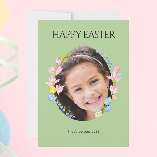 Carte photo de Pâques avec cadre floral - Vert (Easter Photo Card with Floral Frame – Green)