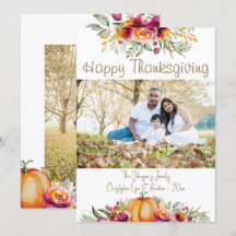 Carte photo de Thanksgiving avec citrouilles et fe