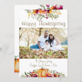 Carte photo de Thanksgiving avec citrouilles et fe
