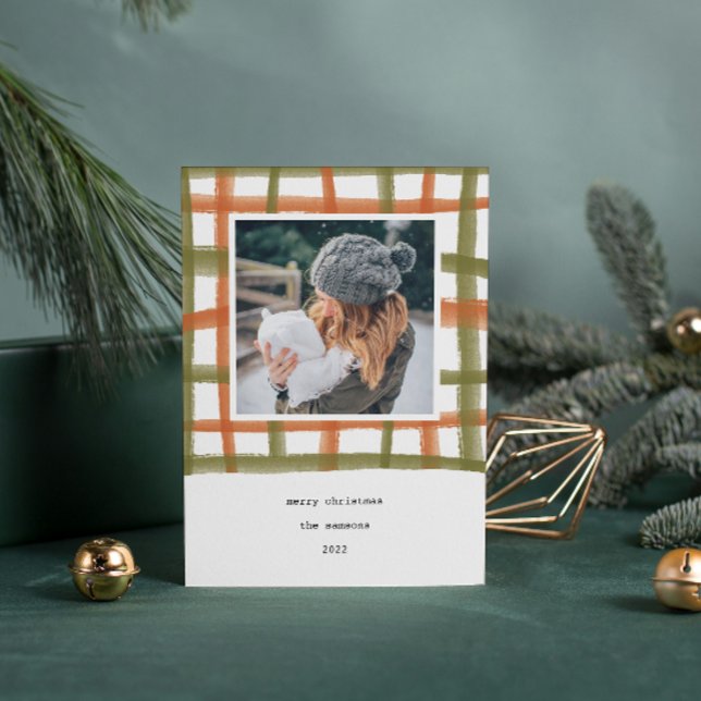 Carte photo de vacances en classe | A (Watercolor painted classroom plaid photo Christmas card.)