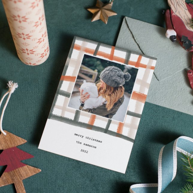 Carte photo de vacances en classe | B (Watercolor painted classroom plaid photo Christmas card.)