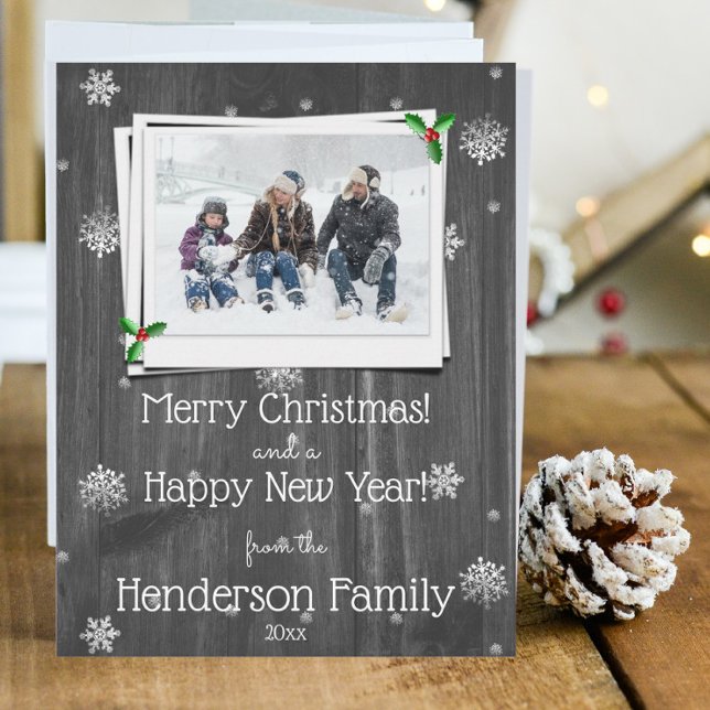 Carte photo de vacances Gray Rustic Bois Plat (Gray Rustic Wooden Photo Christmas Card)