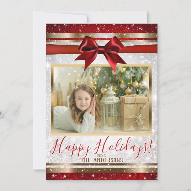 Carte photo de vacances Red Bow Gold White Sparkle (Devant)