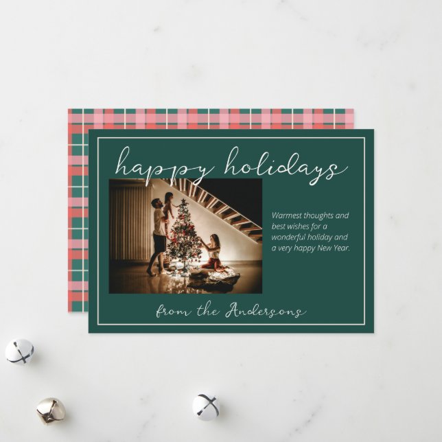 Carte photo de vacances rose et vert plaid (Devant/Arrière en situation)
