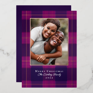Carte photo de vacances rose Gold & Purple Plaid F