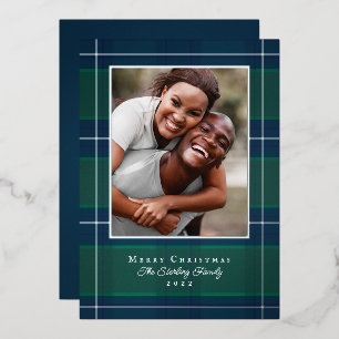 Carte photo de vacances Silver, Blue & Green Plaid