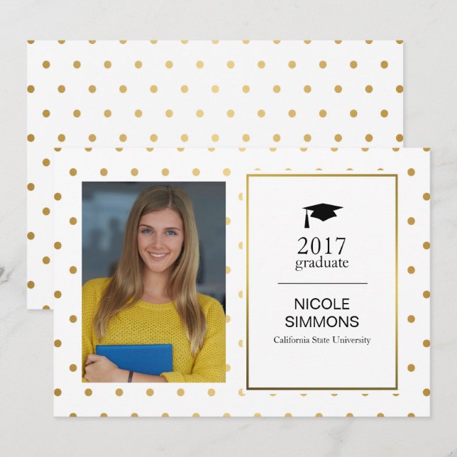 Carte photo diplômé Gold Polka Dot (Devant / Derrière)