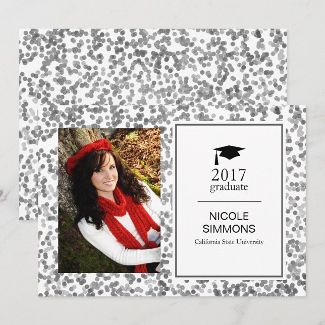 Carte photo diplômé Silver Confetti (Devant / Derrière)