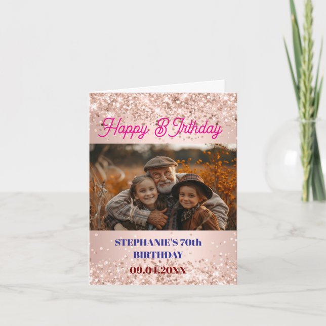 Carte Photo d'or rose d'anniversaire personnalisée (Devant)
