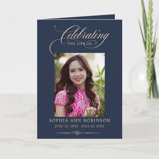 Carte Photo Elegant Blue Gold Funeral Keepsake Program (Devant)