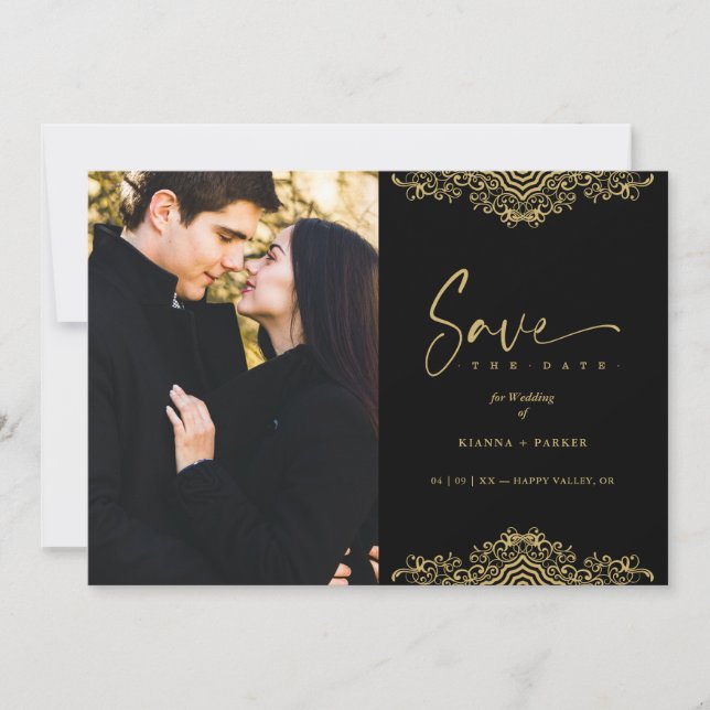 Carte Photo Elegant Fake Golden Filigree Wedding (Devant)