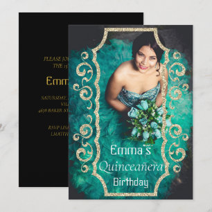 Carte Photo Elégante Black Gold Quinceañera Anniversaire