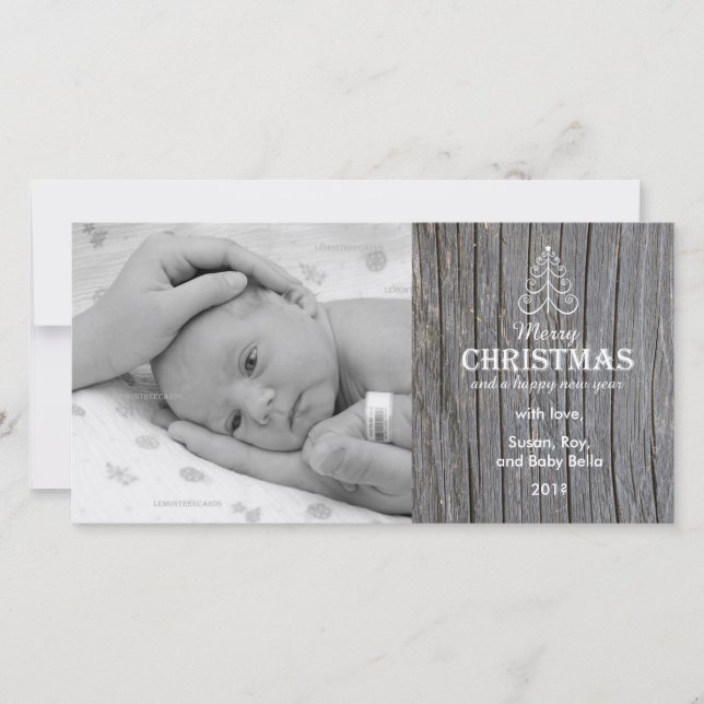 Carte photo en bois gris rustique d'arbre de Noël (Devant)