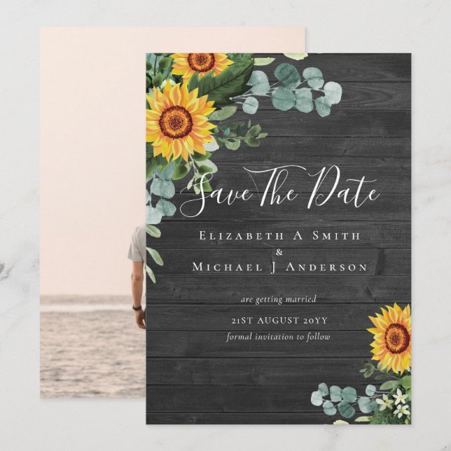 Carte Photo Enregistrer la date Rustic SUNFLOWERS Verdur (Devant / Derrière)