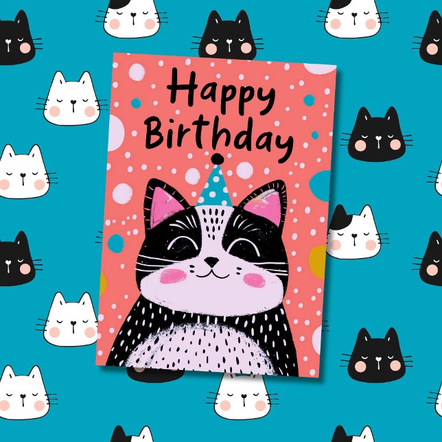 Carte Photo et nom personnalisés | Image de chat noir mi (Birthday Card with Kids Art)