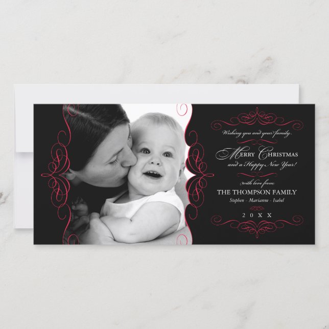 Carte photo Fancy Scroll Black & Red Christmas (Devant)