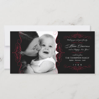 Carte photo Fancy Scroll Black & Red Christmas